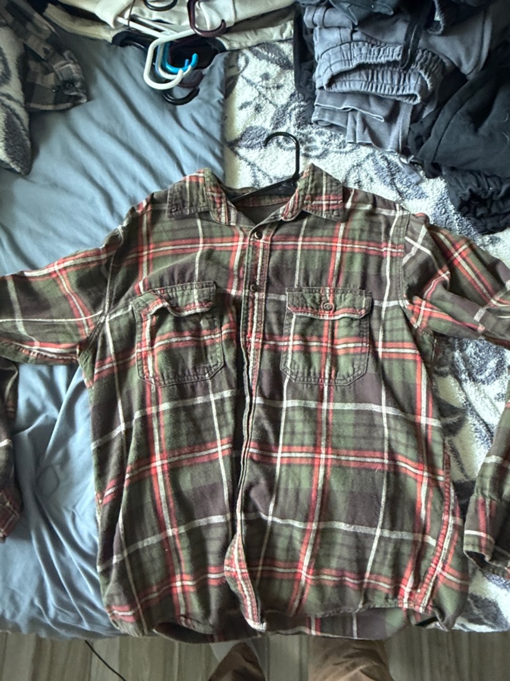 Men's Olive & Red Plaid Button-Down Shirt